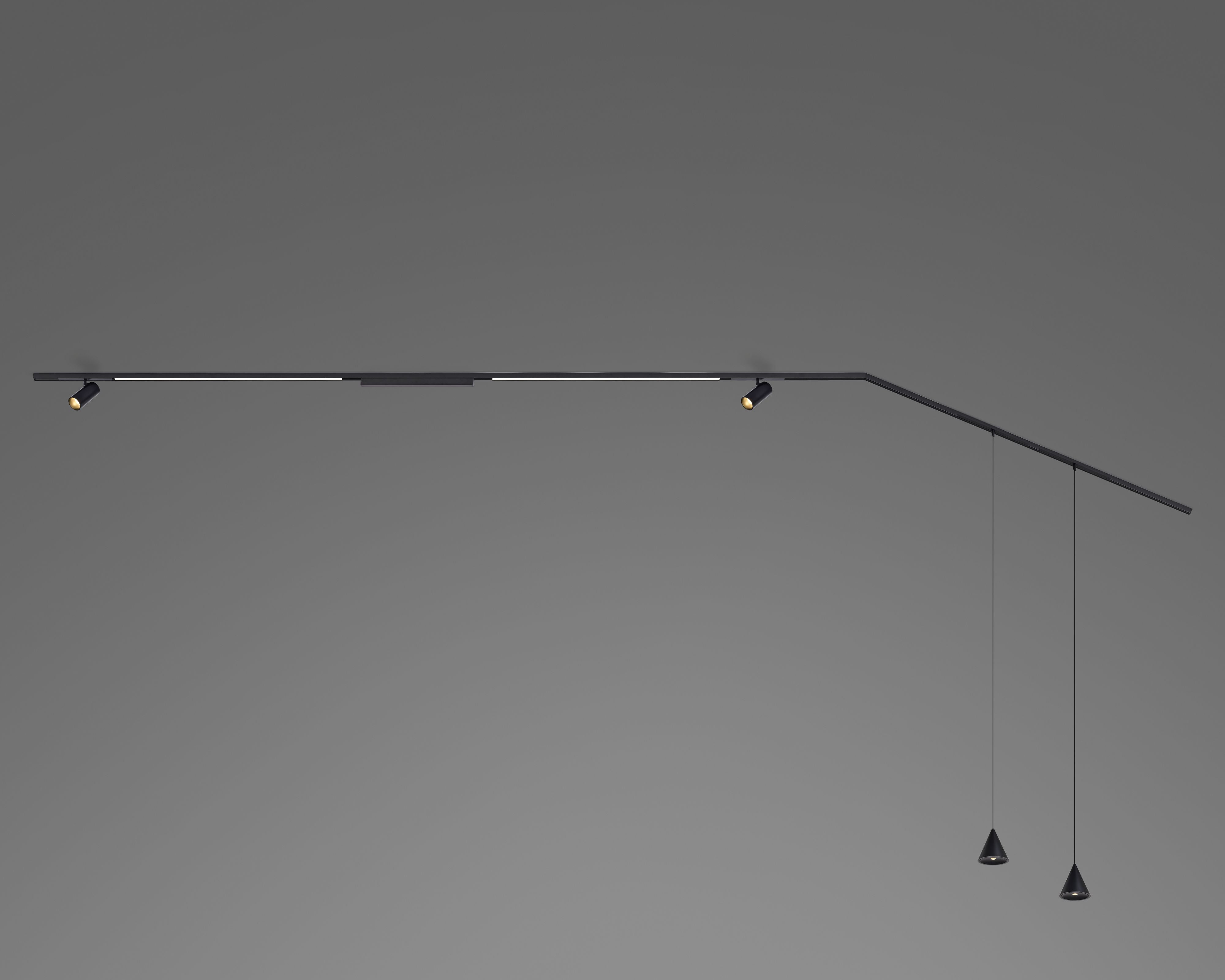 Pacchetto Karma binario magnetico 2 + 1 metro e giunto angolare. Sorgenti luminose: 2 Faretti Large 7W + 2 Strip led 60cm + 2 Coni sospensione